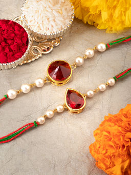 Peora - Crystal Beads Set of 2 Rakhi for Brother with Raksha Bandhan Greeting Card Roli Chawal