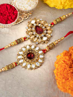 Peora - Elegant Kundan Rakhi for Brother Combo Set of 2 with Raksha Bandhan Greeting Card Roli Chawal