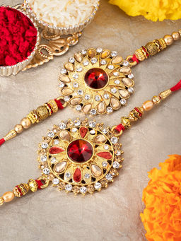 Peora - Elegant Kundan Rakhi for Brother Combo Set of 2 with Raksha Bandhan Greeting Card Roli Chawal
