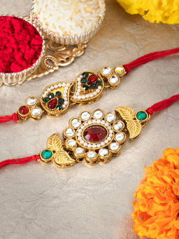 Peora - Elegant Kundan Rakhi for Brother Combo Set of 2 with Raksha Bandhan Greeting Card Roli Chawal