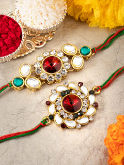Peora - Elegant Kundan Rakhi for Brother Combo Set of 2 with Raksha Bandhan Greeting Card Roli Chawal