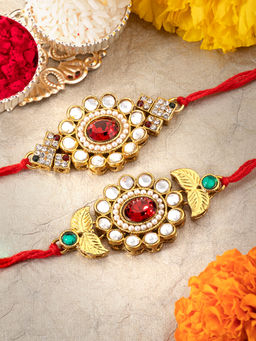 Peora - Kundan Crystal Rakhi for Brother Combo Set of 2 with Raksha Bandhan Greeting Card Roli Chawal