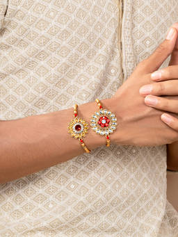 Peora - Kundan Crystal Rakhi for Brother Combo Set of 2 with Raksha Bandhan Greeting Card Roli Chawal