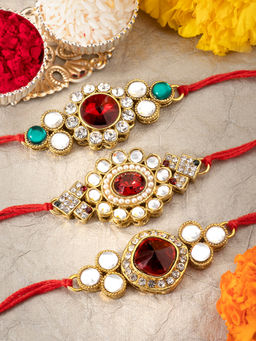 Peora - Kundan Gold Rakhi for Brother Combo Set of 3 with Raksha Bandhan Greeting Card Roli Chawal