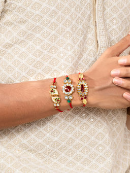 Peora - Kundan Gold Rakhi for Brother Combo Set of 3 with Raksha Bandhan Greeting Card & Roli Chawal