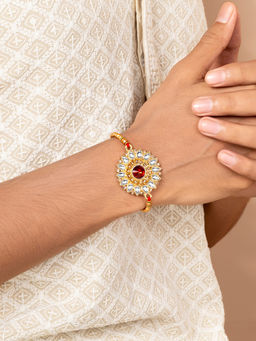 Peora - Elegant Kundan & Crystal Rakhi for Brother with Raksha Bandhan Greeting Card & Roli Chawal