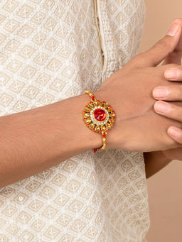 Peora - Elegant Kundan & Crystal Rakhi for Brother with Raksha Bandhan Greeting Card & Roli Chawal