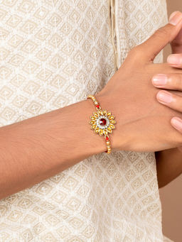 Peora - Kundan & Crystal Rakhi for Brother with Raksha Bandhan Greeting Card & Roli Chawal