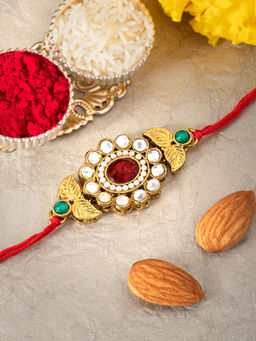 Peora - Kundan Gold Plated Leaf Rakhi for Brother with Raksha Bandhan Greeting Card & Roli Chawal
