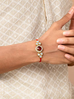 Peora - Kundan & Crystal Rakhi for Brother with Raksha Bandhan Greeting Card & Roli Chawal