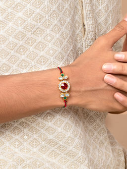 Peora - Kundan & Crystal Rakhi for Brother with Raksha Bandhan Greeting Card & Roli Chawal