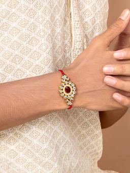 Peora - Fancy Kundan and Crystal Rakhi for Brother with Raksha Bandhan Greeting Card & Roli Chawal