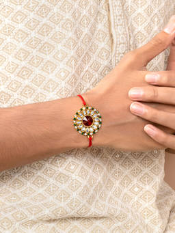 Peora - Elegant Kundan & Crystal Rakhi for Brother with Raksha Bandhan Greeting Card & Roli Chawal