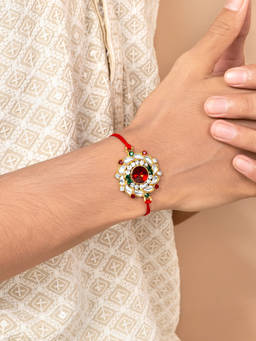 Peora - Elegant Kundan & Crystal Rakhi for Brother with Raksha Bandhan Greeting Card & Roli Chawal