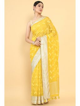Soch - Women Mustard Organza Embroidered Saree with Unstitched Blouse