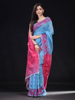 Beatitude - Blue Cotton Silk Woven Jacquard Jamdani Saree with Unstitched Blouse