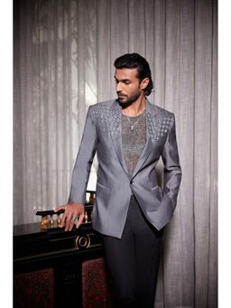 Philocaly - Luminar Regular Fit Embroidered Silver Tuxedo