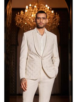 Philocaly - Oblake Slim Fit Embroidered Off White Tuxedo