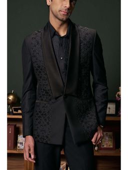 Philocaly - Mavro Slim Fit Embroidered Black Tuxedo