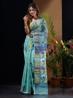 CHARUKRITI - Sea Green Handwoven Saree with Floral Designs & Motifs