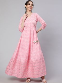 Jaipur Kurti - Women Pink Ethnic Printed Angrakha Style Kurta with Lace Detailing