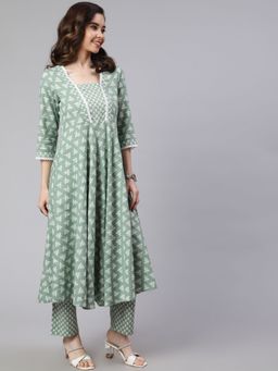 Jaipur Kurti - Women Green Woven Ethnic Print Flared Laced Kurta Palazzo (Set of 2)