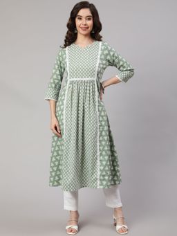 Jaipur Kurti - Women Green Laced Woven Mix Match Kurta
