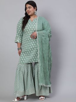 Jaipur Kurti - Women Plus Size Green Woven Straight Palazzo & Solid Dupatta (Set of 3)
