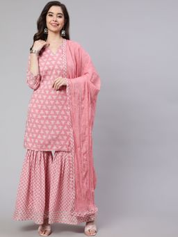 Jaipur Kurti - Women Pink Woven Straight with Printed Palazzo & Solid Dupatta (Set of 3)