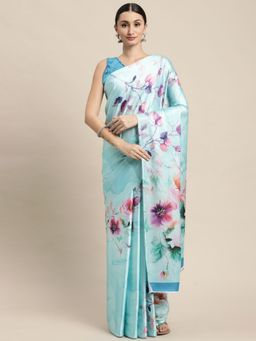 VAIRAGEE - Turquoise Blue and Pink Floral Printed Saree with Unstitched Blouse