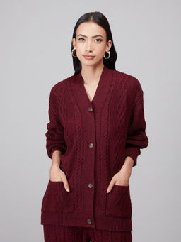 Twenty Dresses by Nykaa Fashion - Maroon Textured Long Cardigan