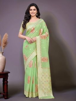 Gahan - Women Light Green Chanderi Cotton Silk Saree with Unstitched Blouse