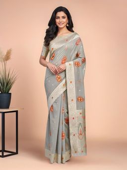 Gahan - Women Grey Chanderi Cotton Silk Saree with Unstitched Blouse