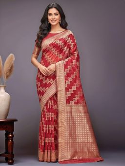 Gahan - Women Maroon Banarasi Linen Blend Saree with Unstitched Blouse