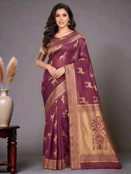 Gahan - Women Burgundy Banarasi Linen Blend Saree with Unstitched Blouse