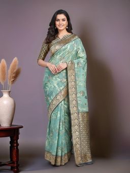 Gahan - Women Light Blue Chanderi Cotton Silk Zari Woven Saree with Unstitched Blouse