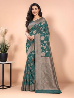 Gahan - Women Teal blue Banarasi Linen Blend Saree with Unstitched Blouse