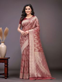 Gahan - Women Maroon Banarasi Linen Blend Saree with Unstitched Blouse