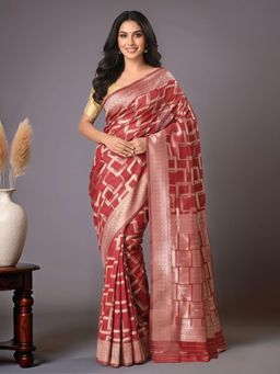 Gahan - Women Maroon Banarasi Linen Blend Saree with Unstitched Blouse