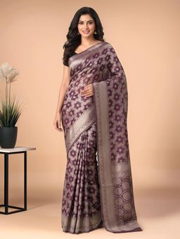 Gahan - Women Purple Banarasi Linen Blend Saree with Unstitched Blouse