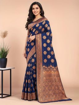 Gahan - Women Navy Blue Banarasi Silk Blend Saree with Unstitched Blouse