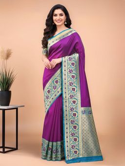 Gahan - Women Purple Kanjeevaram Silk Blend Saree with Unstitched Blouse