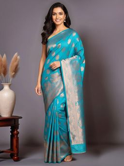 Gahan - Women Turquoise Banarasi Silk Blend Saree with Unstitched Blouse