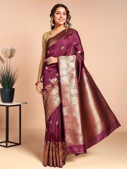 Gahan - Women Wine Banarasi Silk Blend Saree with Unstitched Blouse