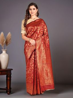 Gahan - Women Maroon Banarasi Shikaraga Silk Blend Saree with Unstitched Blouse