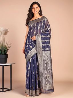 Gahan - Women Navy Blue Chanderi Cotton Silk Saree with Unstitched Blouse