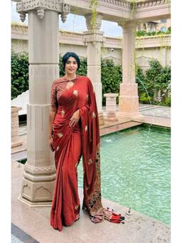 JasmineBySeba - Maroon Ajrakh Embroidered Saree with Unstitched Blouse and Dupatta