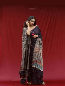 JasmineBySeba - Black Ajrakh Embroidered Saree with Unstitched Blouse