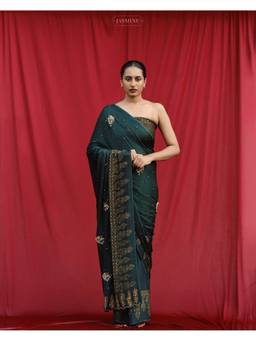 JasmineBySeba - Green Ajrakh Embroidered Saree with Unstitched Blouse