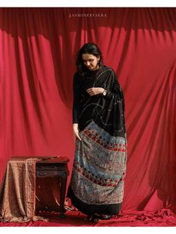 JasmineBySeba - Black Ajrakh Embroidered Saree with Unstitched Blouse